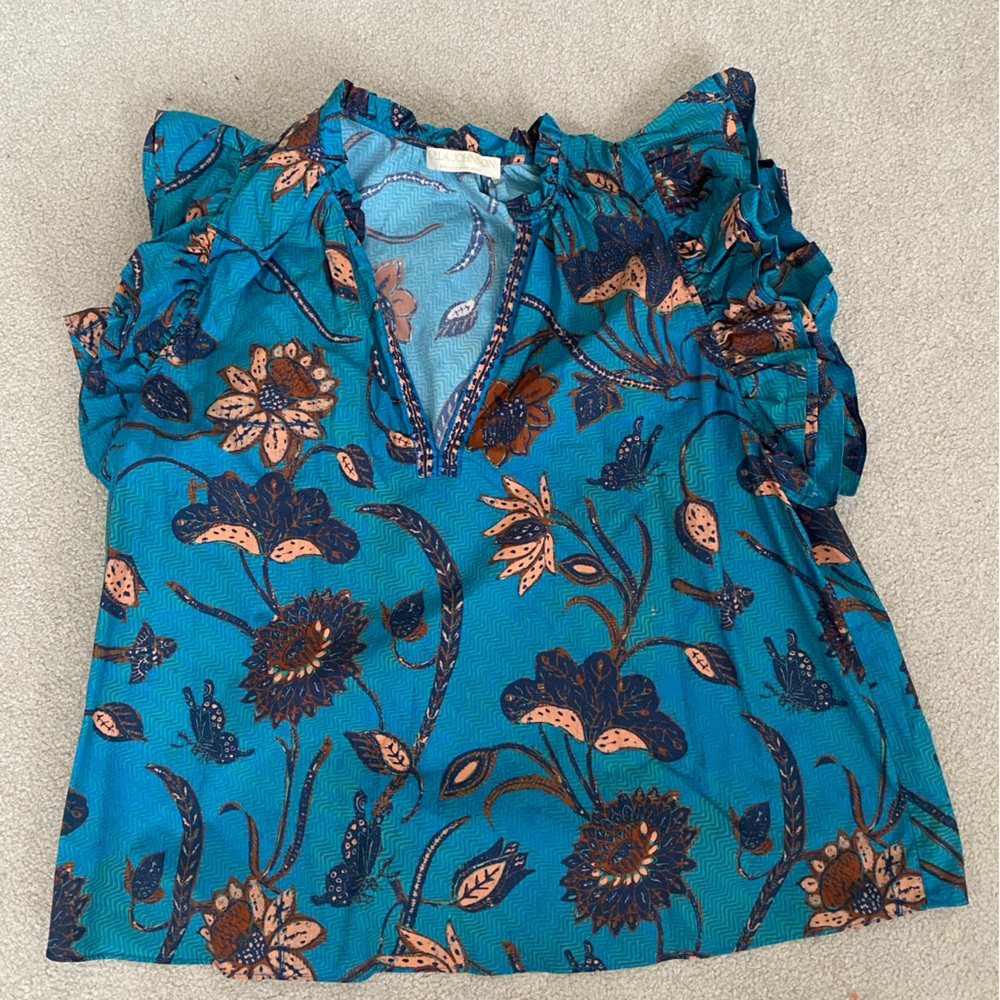 Ulla Johnson Teal Floral Ruffle Blouse